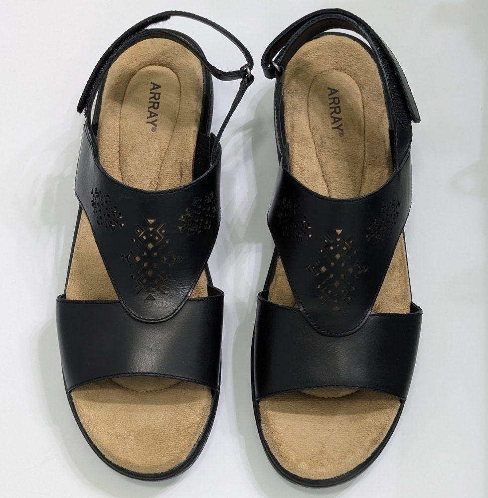 Array Black Leather Sandals Sz 12 New Cut Outs Hook & Loop Adjustable Closure